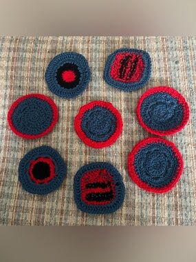 Handmade Crochet Coasters Set of 8 Round & Square 4.5” Red Black Gray